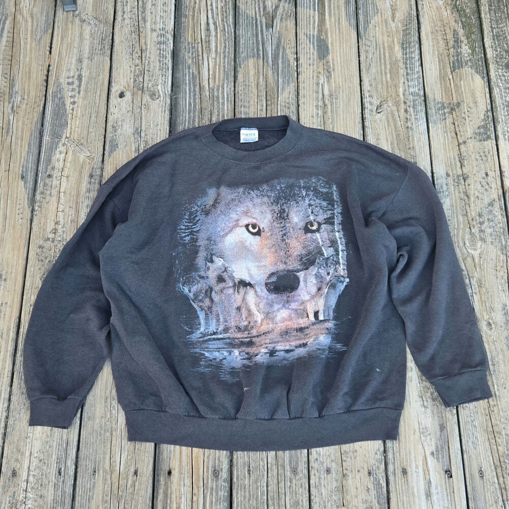 VTG Black Night Wolf Nature Crew Neck Sweatshirt Size XXL Faded